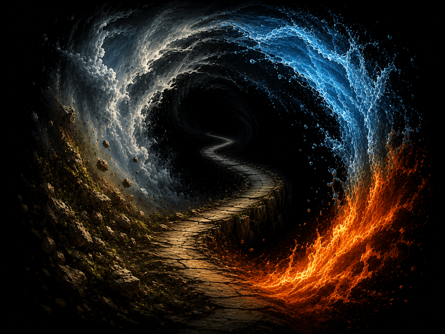 A winding stone path spiralling into a vortex of earth, air, water and fire